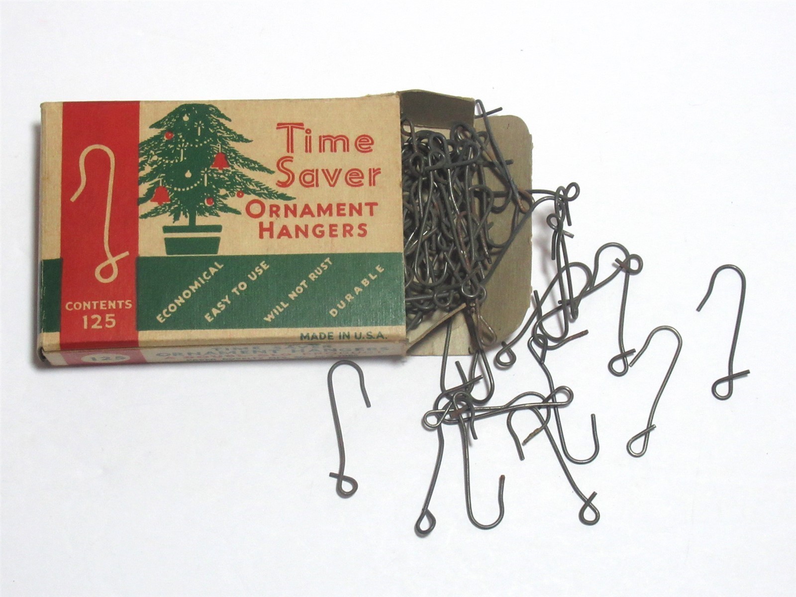 Vtg Time Saver Doubl-Glo Xmas Tree Ornament Hangers Box 125+ sturdy metal hooks