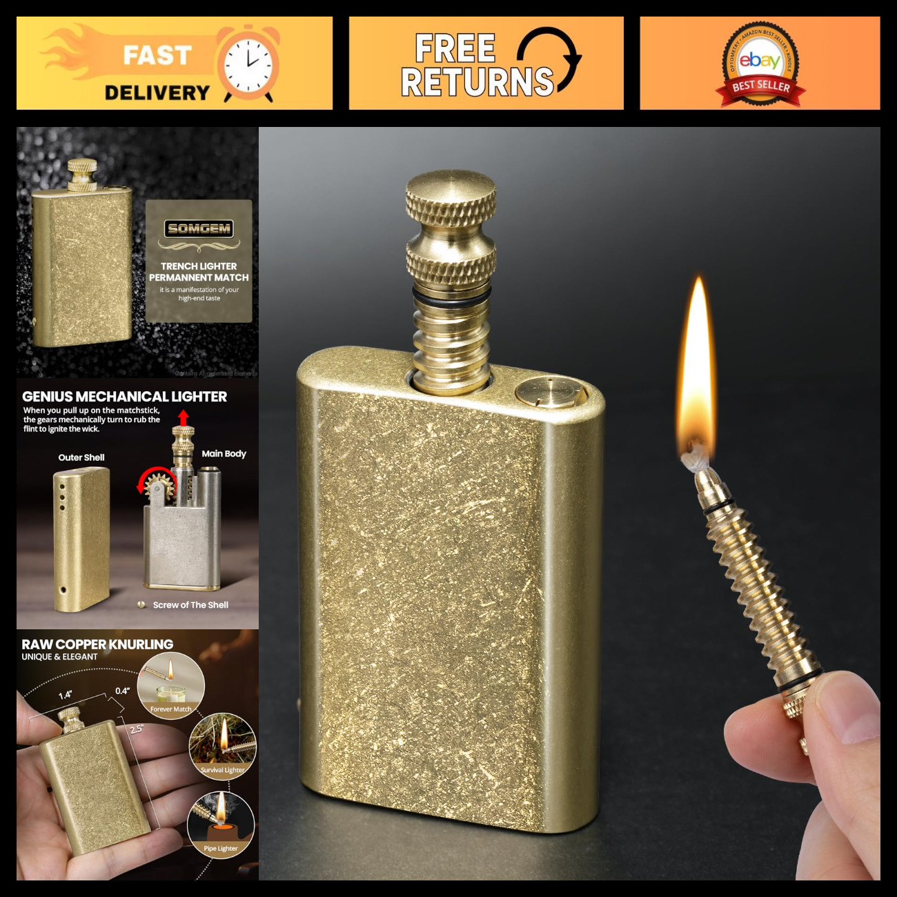 Vintage Brass Trench Pipe Lighter - Permanent Match, Retro Collectible Flame Too