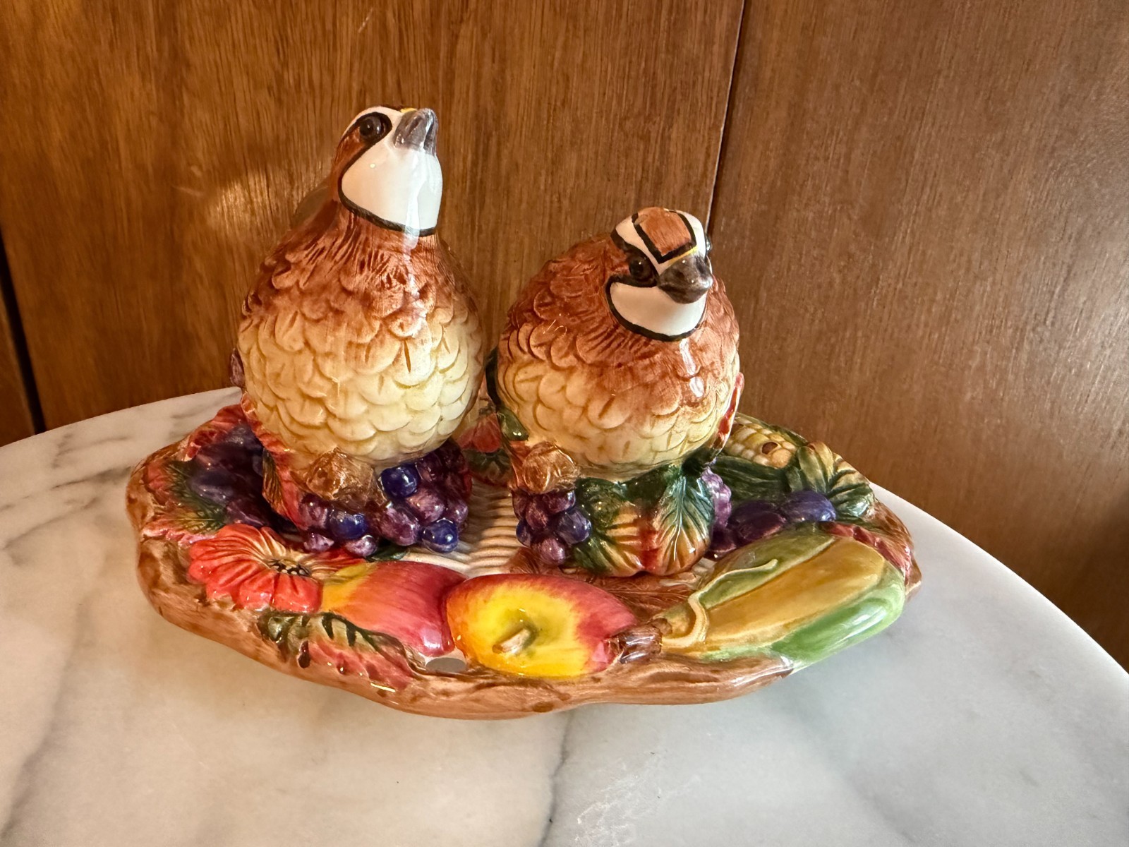 Vintage 1987 Fitz & Floyd Quail Salt Pepper Shakers Harvest Fruit Base