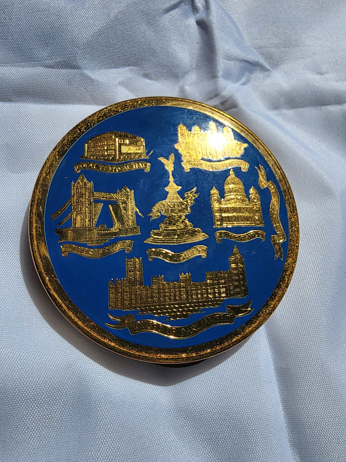 Vintage 1950's London KIGU Gold tone and blue enamel compact w/ mirror complete