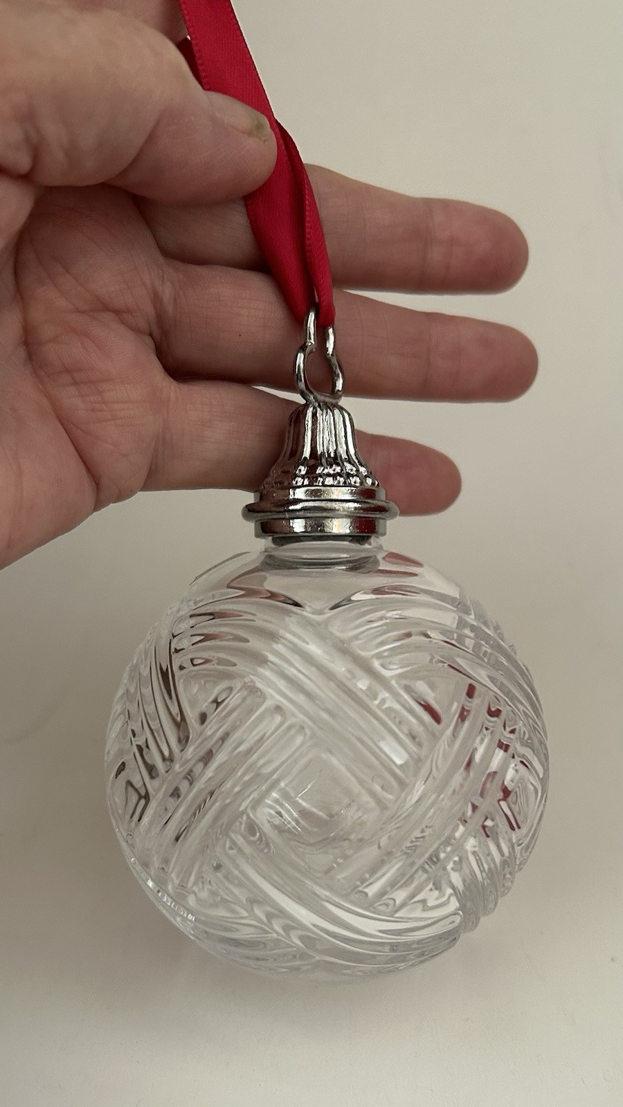 Waterford Crystal Clear Ball Christmas Ornament Hanging Red Ribbon, 1pc