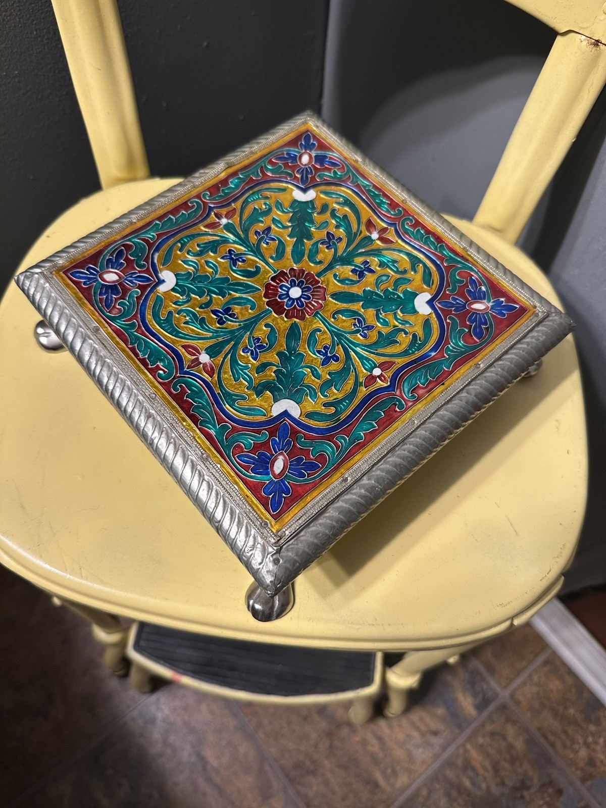 Indian Meenakari Pooja Chowki Bajot Enamel Wood Metal Pedestal 8” x 8”