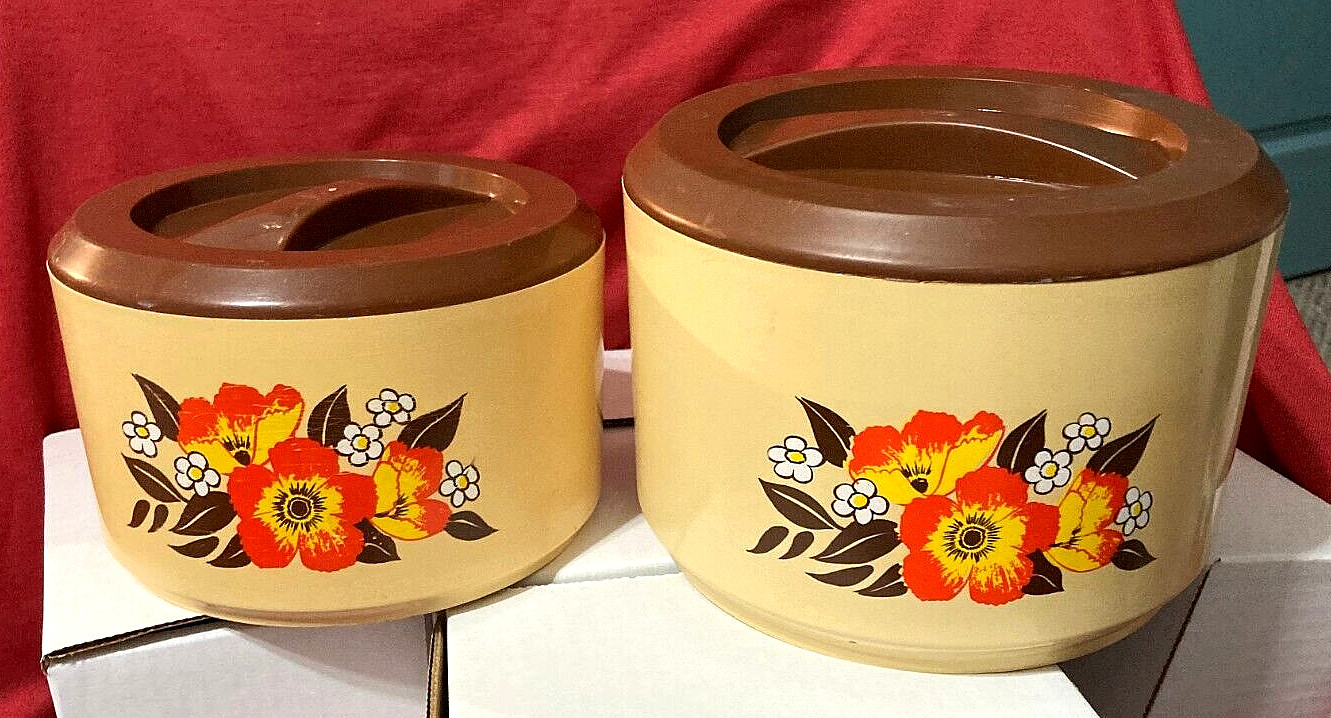 VTG 1970\'s Sterilite Plastic Nesting Canisters (2) Retro-Rare Floral Pattern-EUC