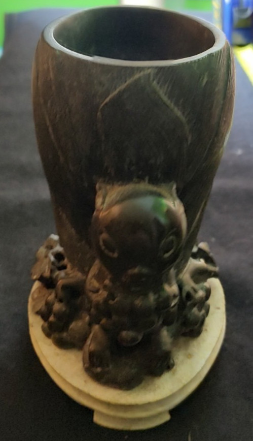 Vintage Chinese Soapstone Brush Pot or Planter- Squirrel and Grape Motif