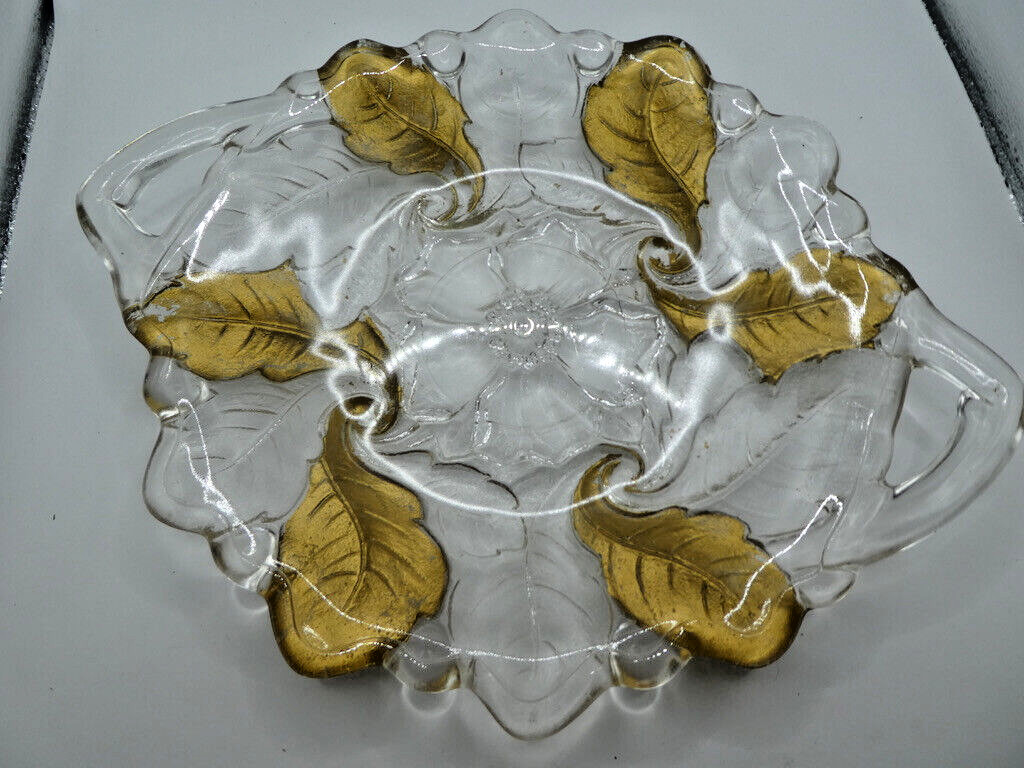 Goofus Glass Gold Oak Leaf Pattern Handled Platter Vintage See pics