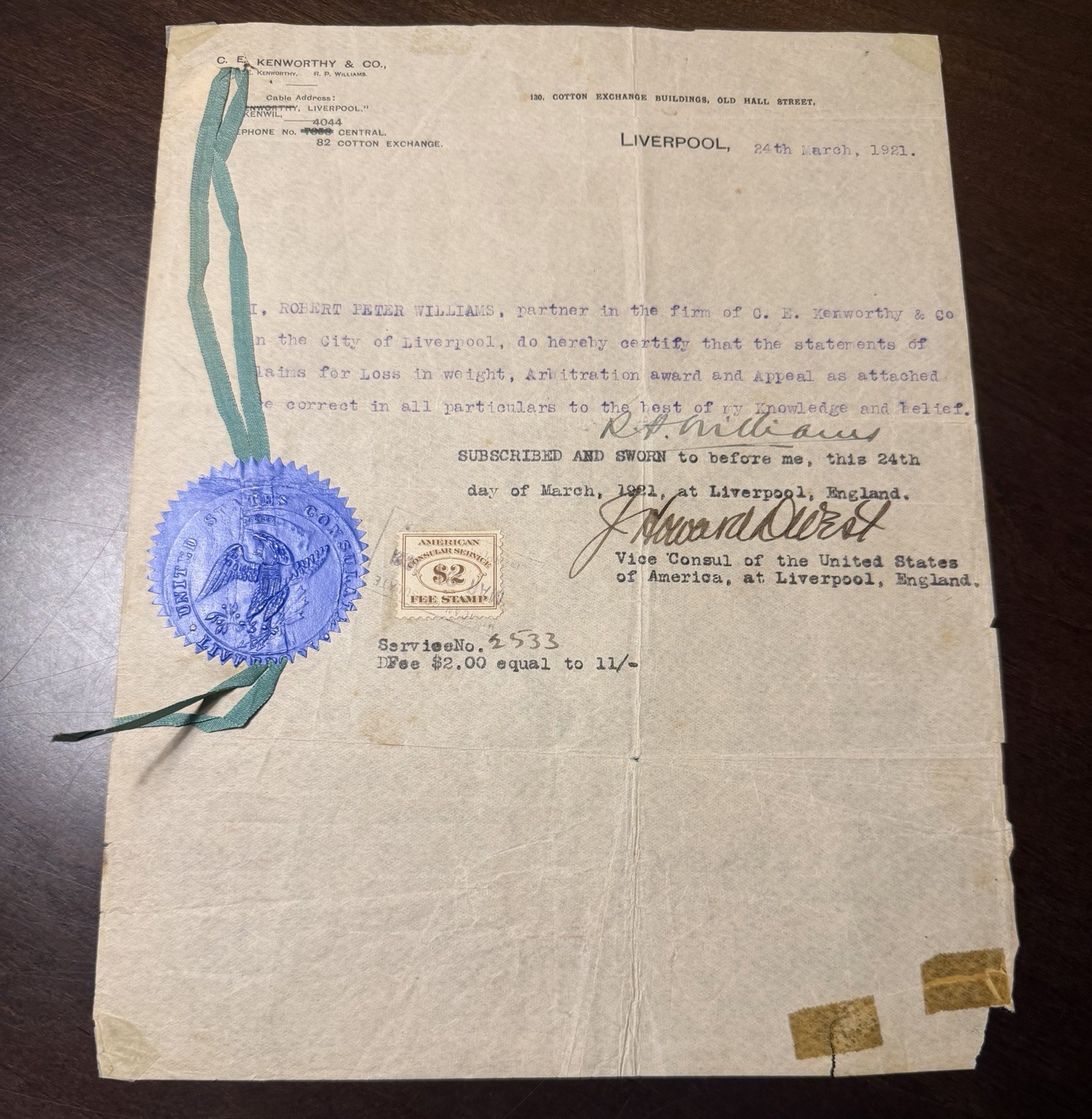 1921 American Consular Service Document Liverpool England Stamp Blue Seal 1921 American Consular Service Document Liverpool England Stamp Blue Seal