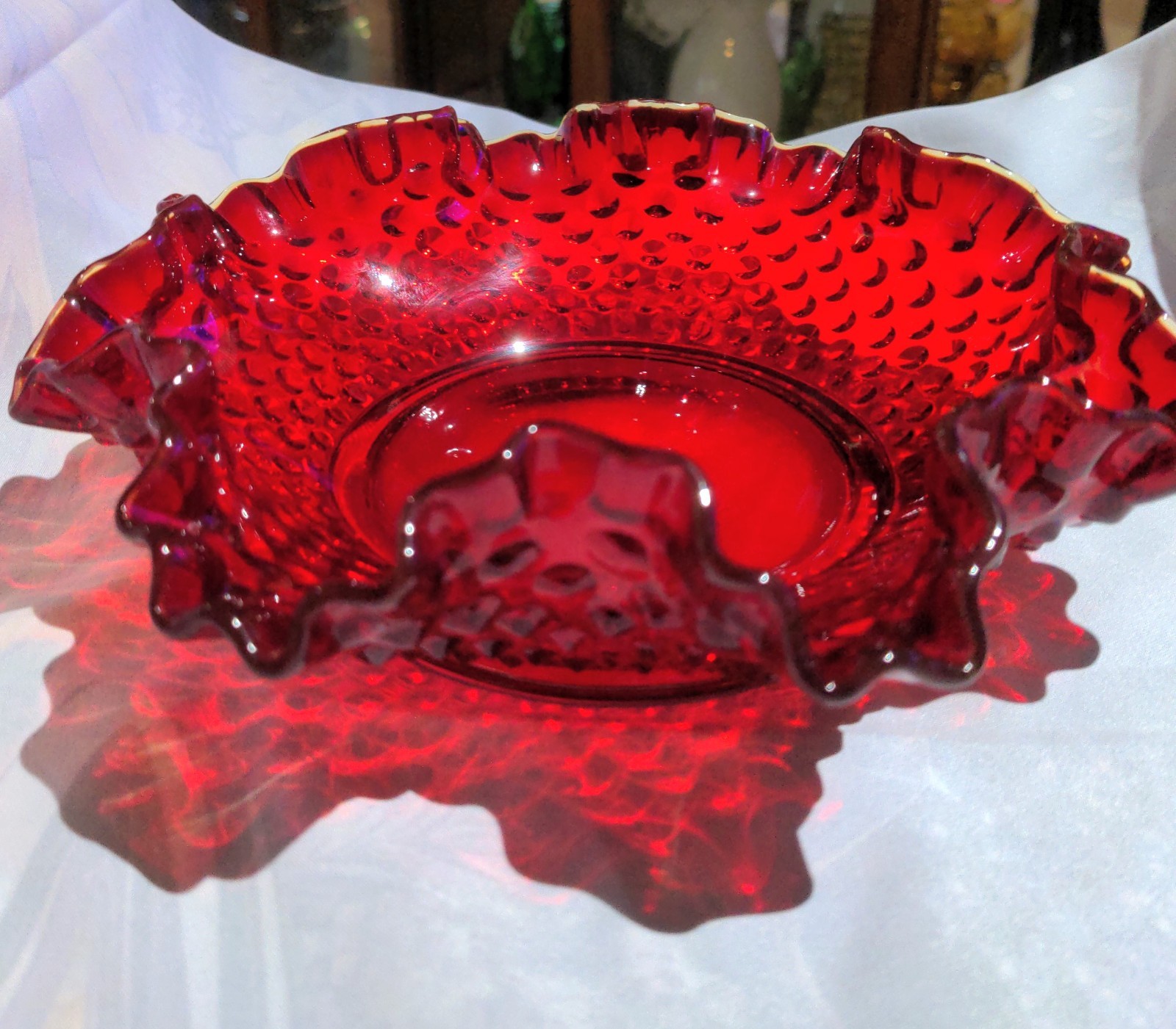 Fenton Art Glass Amberina Hobnail Ruffled Edge Glass Bowl. Edges Glow Under UV