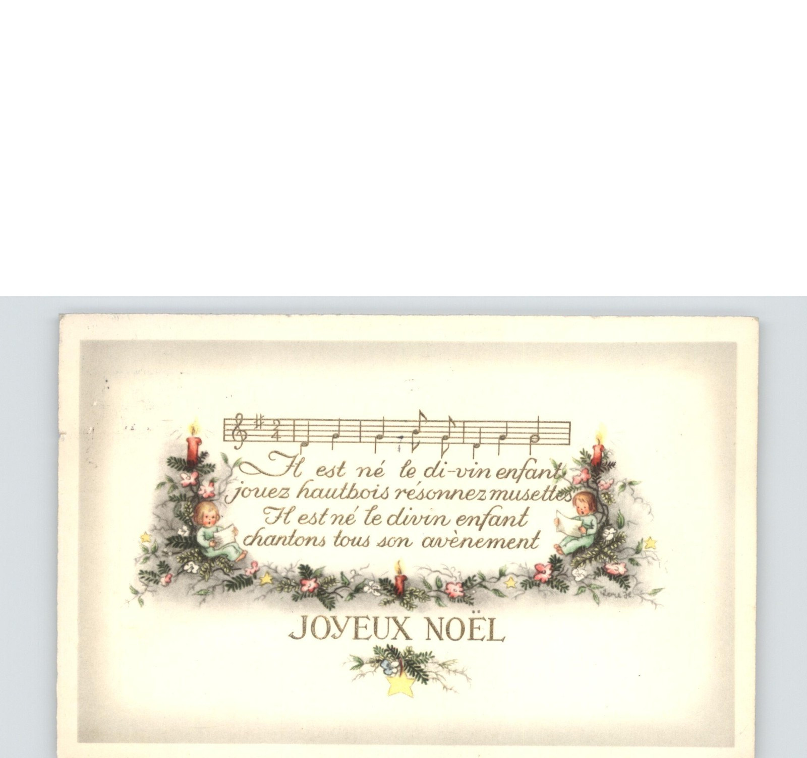 Vintage French Joyeux Noel Christmas Postcard Sheet Music & Holly