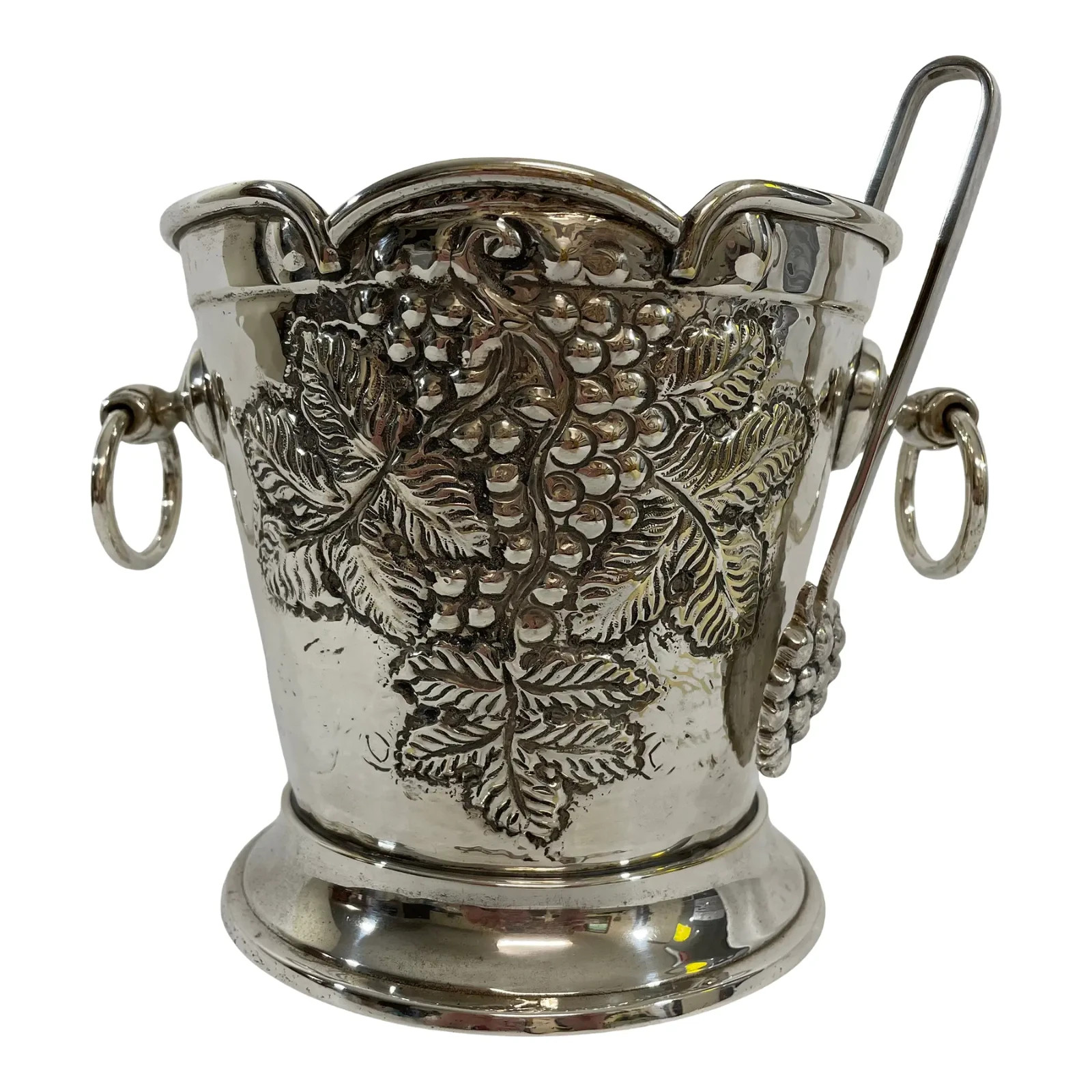 1970s Italian Silverplated Grape Motif Ice Bucket With Drain and Tongs