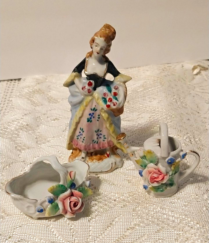 Vintage Occupied Japan Lady Porcelain Figurine & Mini Lot  Watering Can/ Basket