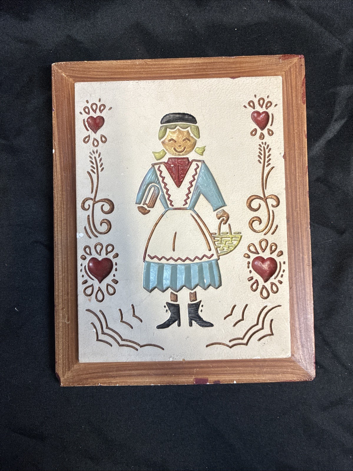 Vintage Rustic Dutch Girl Folk Art Wood And Plaster