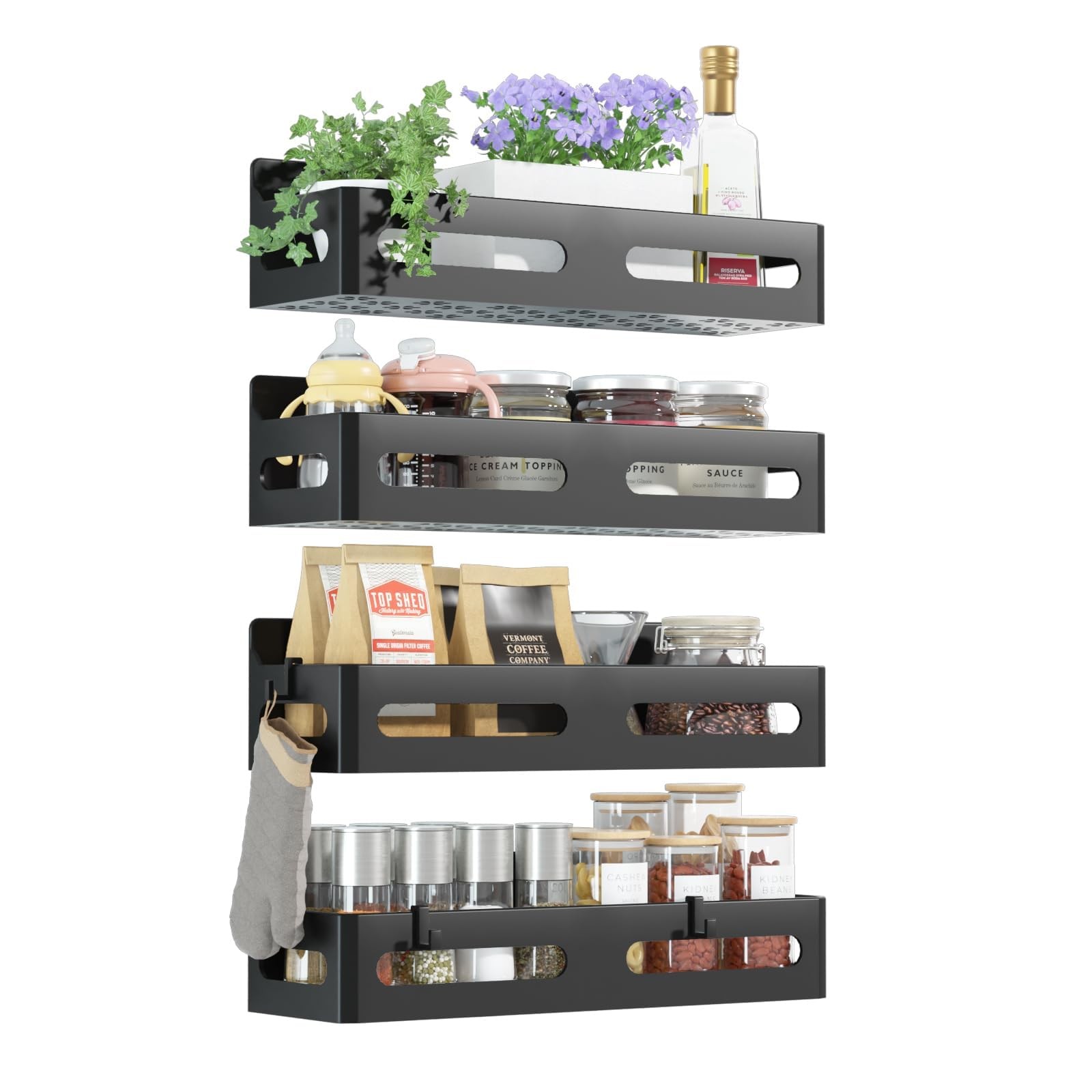 Sevenblue 4-Pack Magnetic Spice Rack for Refrigerator with 4 Pack, Black
