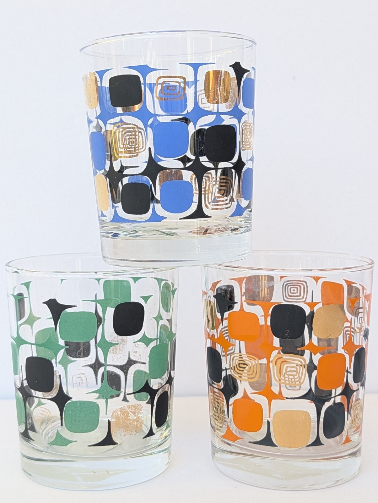 Vtg Luminarc Atomic Squares MCM Low Ball Glasses Set of 3 HTF Gold Detail LOOK
