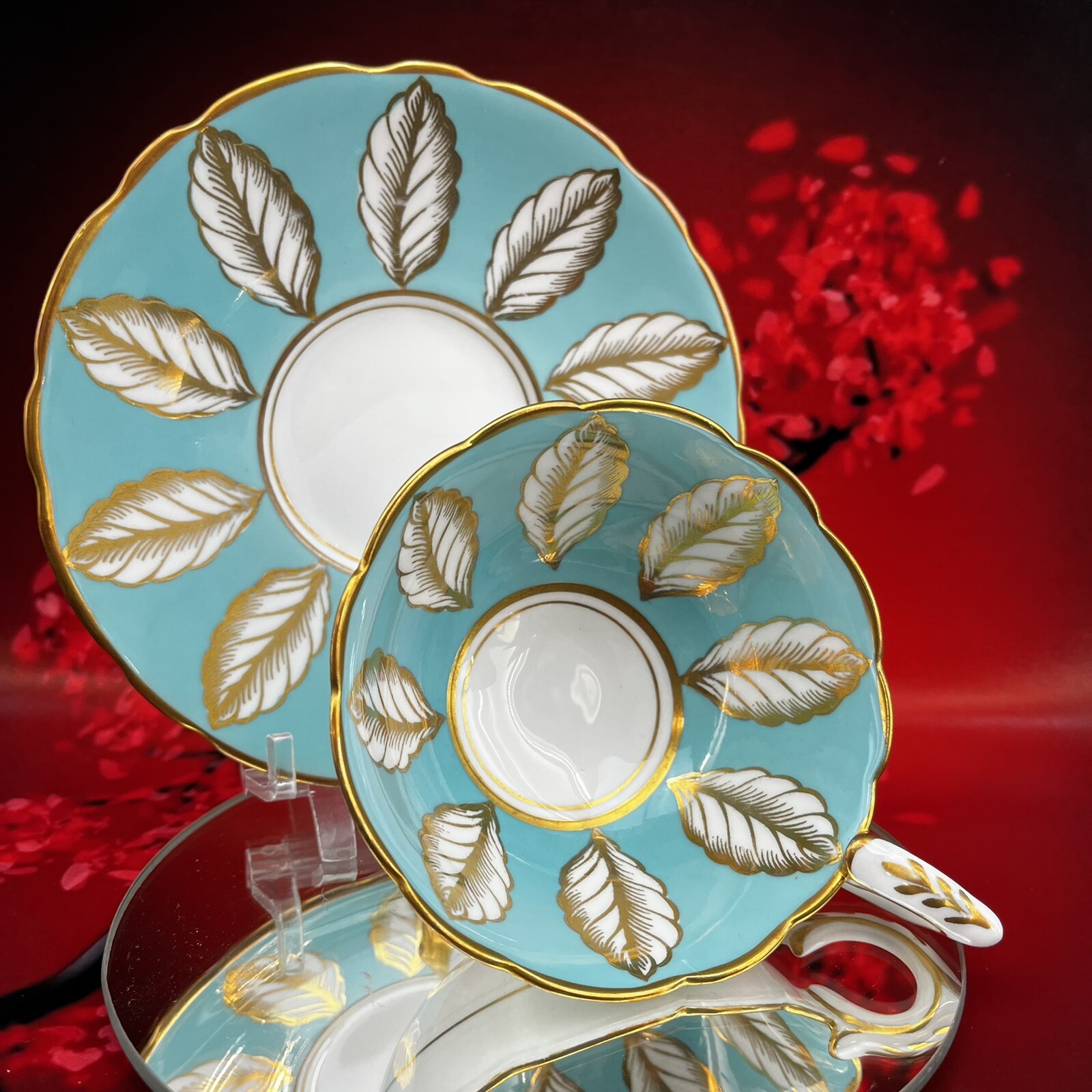 Royal Stafford MCM Turquoise Leaf Bone China Teacup & Saucer Gold England BX11