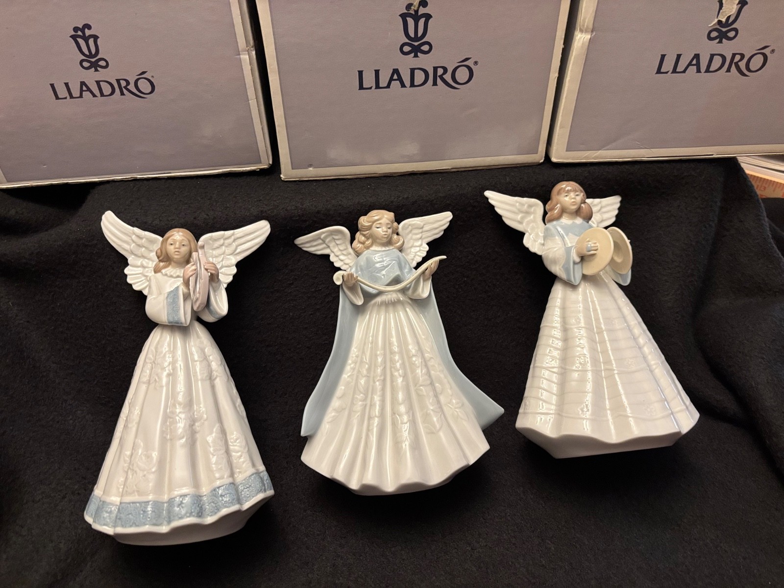 Lladro Tree Toppers (3) Angels “Harpist” #5830, “Cymbalist”#5876, And #5719 Mint