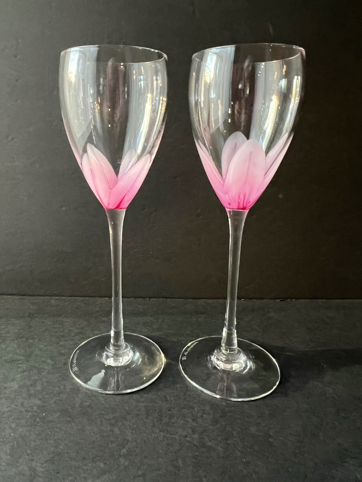Steven Maslach 1988 Pink Tulip Wine Glasses Set of 2 