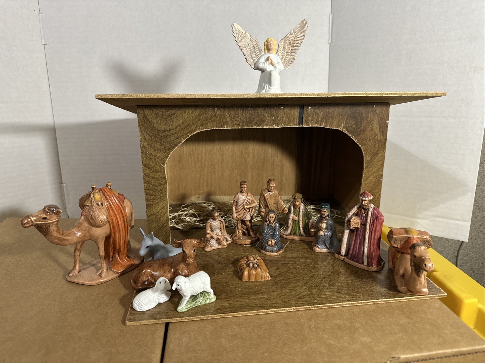 Vintage  15 pc Ceramic Hand Painted Nativity Scene with Wooden Manger Christmas