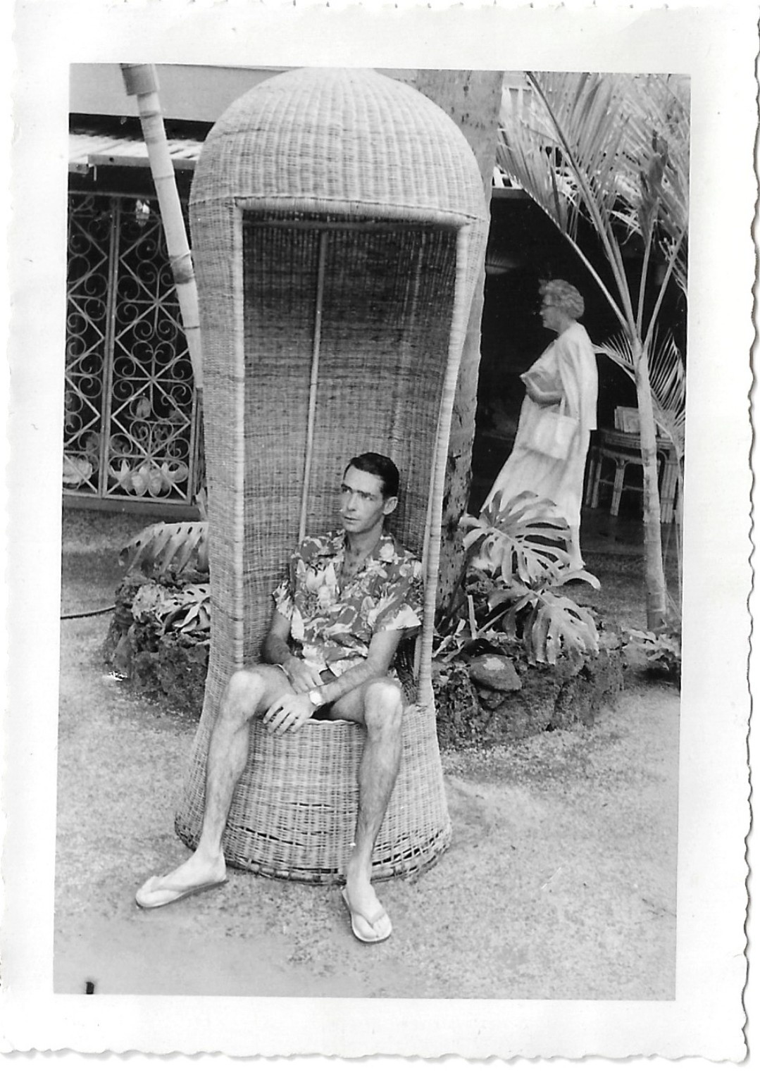 WICKER PORTER'S CHAIR Vintage Photo Man Wearing Hawaiian Shirt Tropical Resort