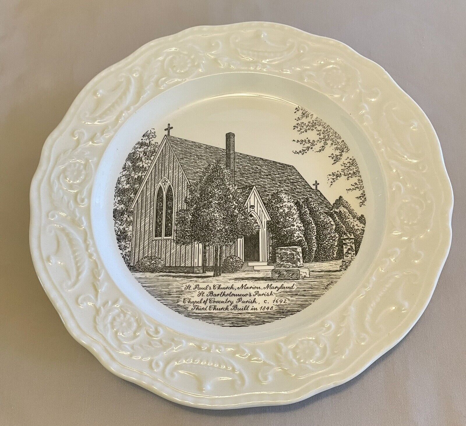 Adam Antique Steubenville St Paul’s Church Marion Maryland 10” Plate Ivory Black
