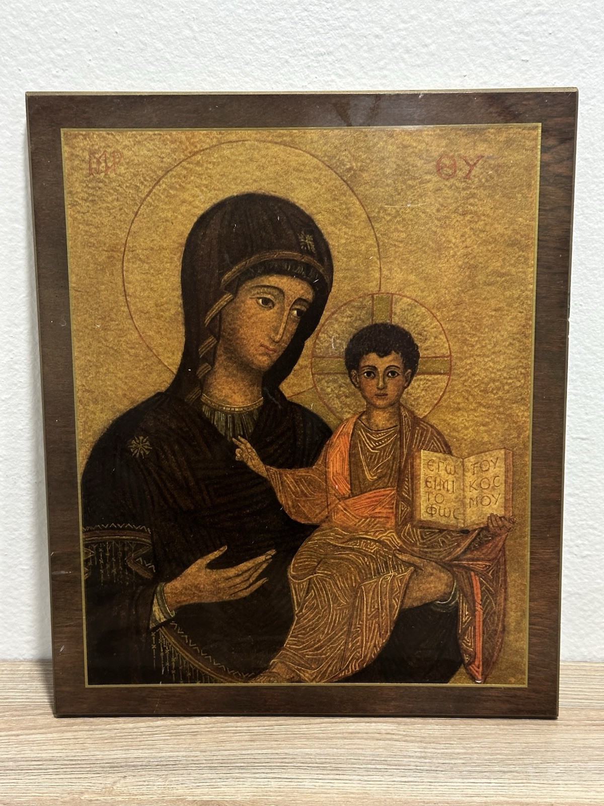 Vintage Pyraglass Wood Plaque Icon Madonna & Child Byzantine Style Hodegetria NY