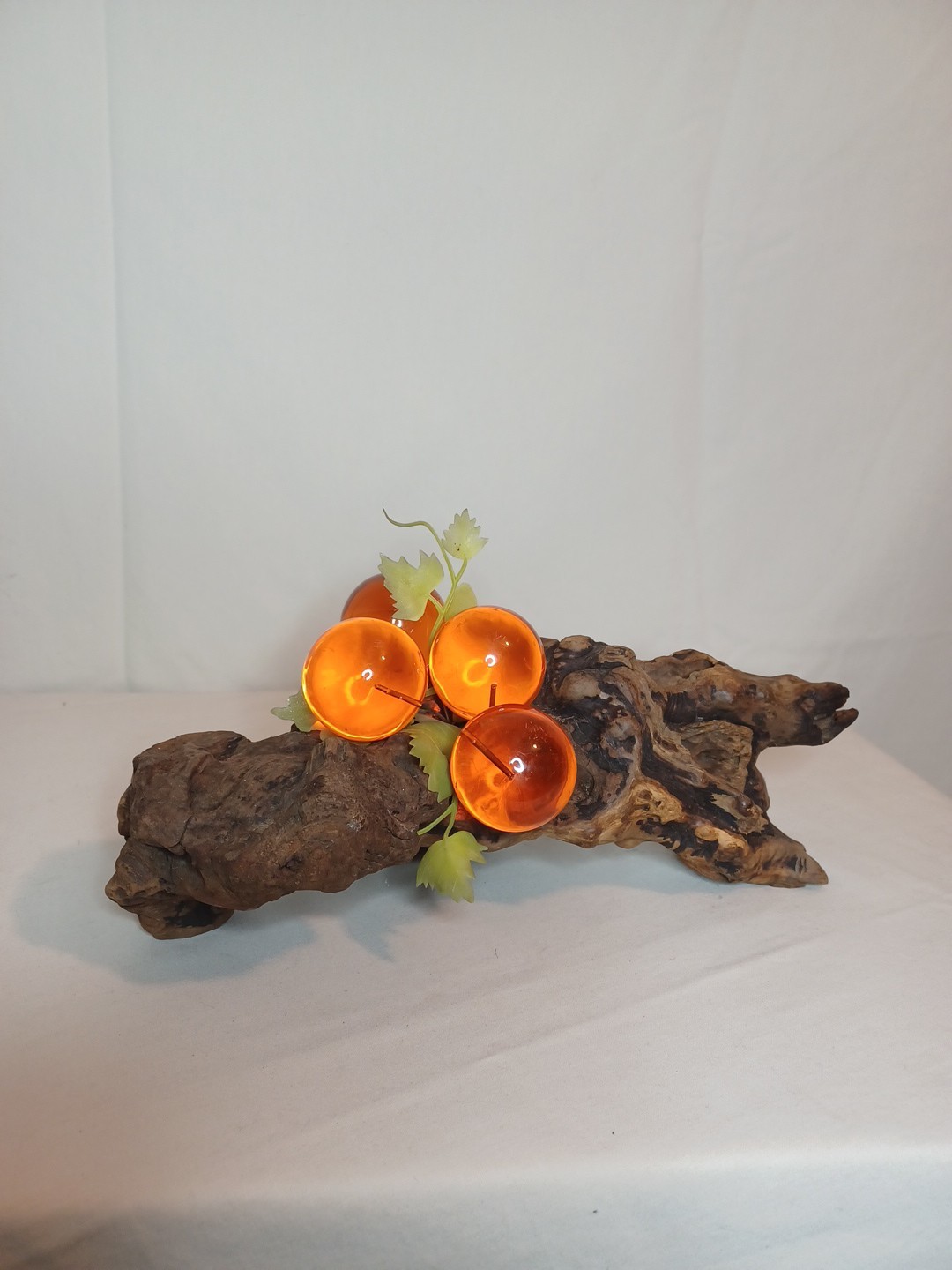 Large Vintage Lucite Acrylic Grape Cluster on Burlwood Sculpture Orange MCM