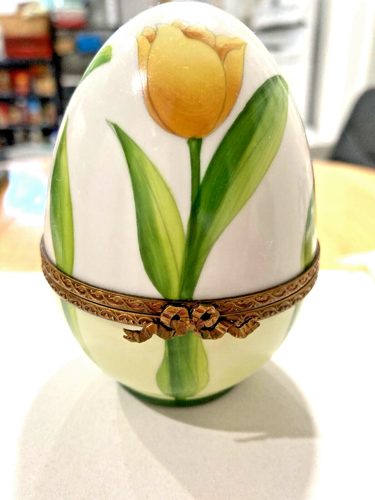 Limoges France Peint Main (hand painted)  Large Egg with Tulips Trinket Box
