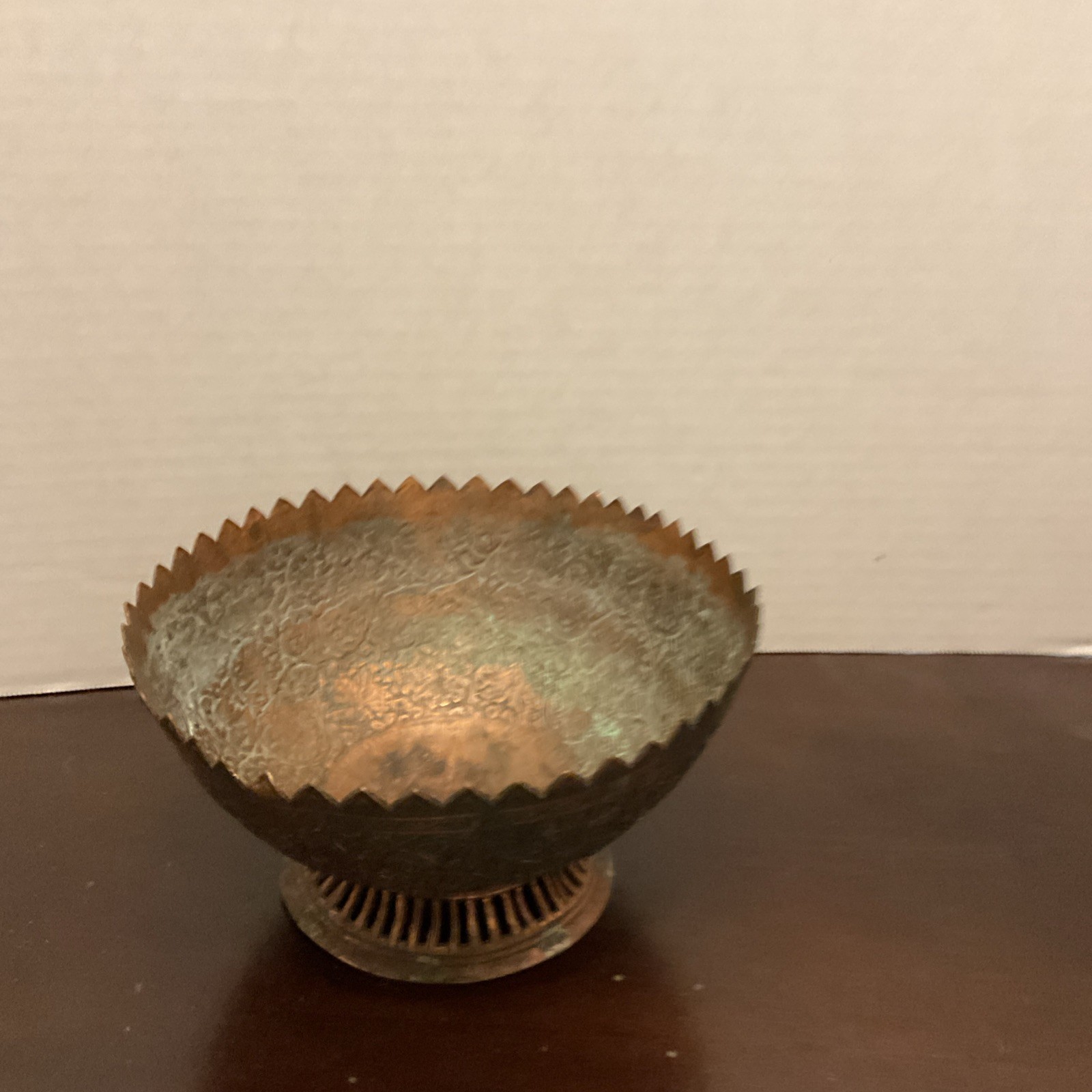 Vintage Etched Brass Pedestal Bowl 6” Scalloped Rim India Vintage Etched Brass Pedestal Bowl 6” Scalloped Rim India