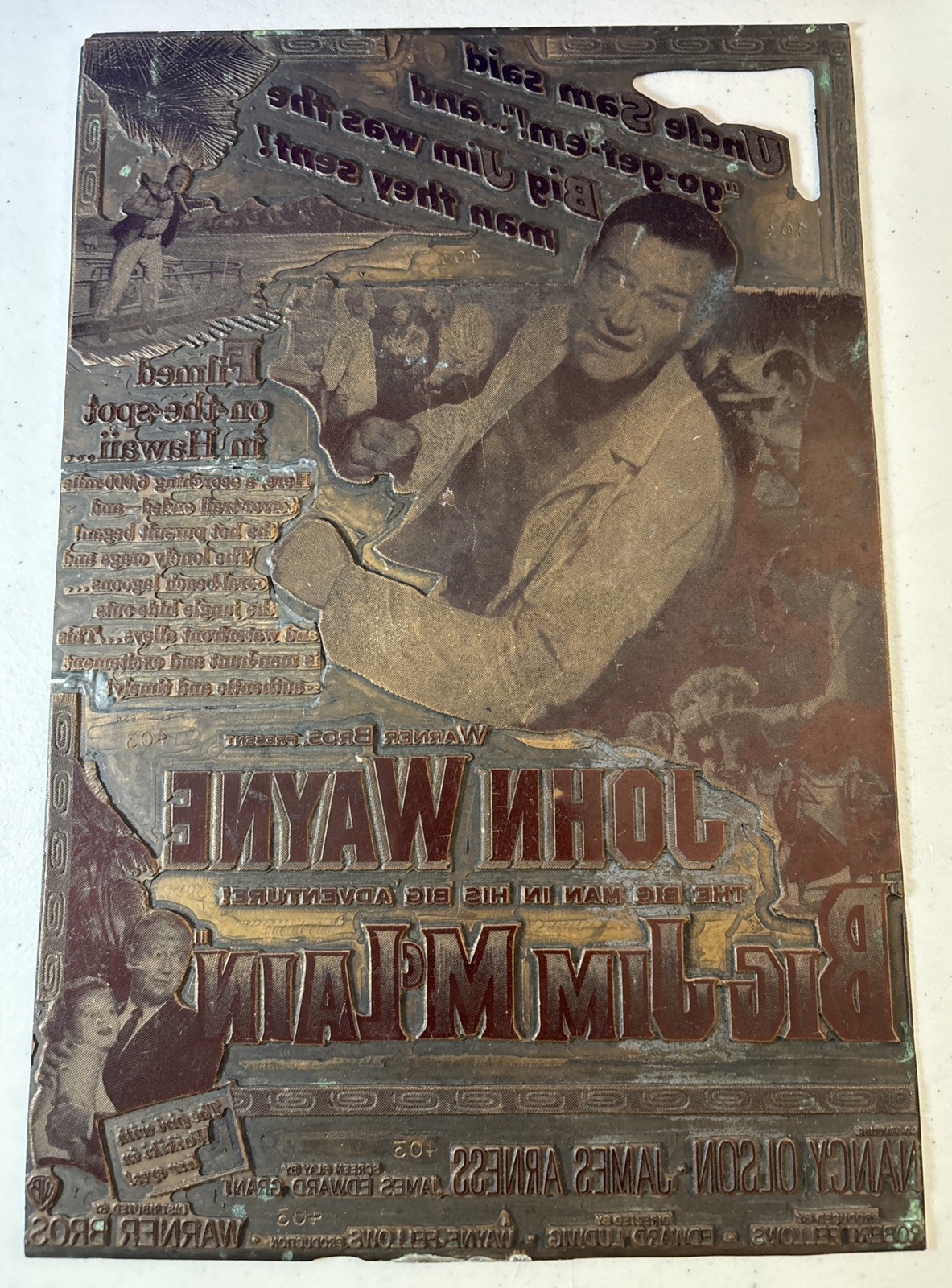 1952 Big Jim McLain JOHN WAYNE Copper Letter Press Printing Block Plate 12x8