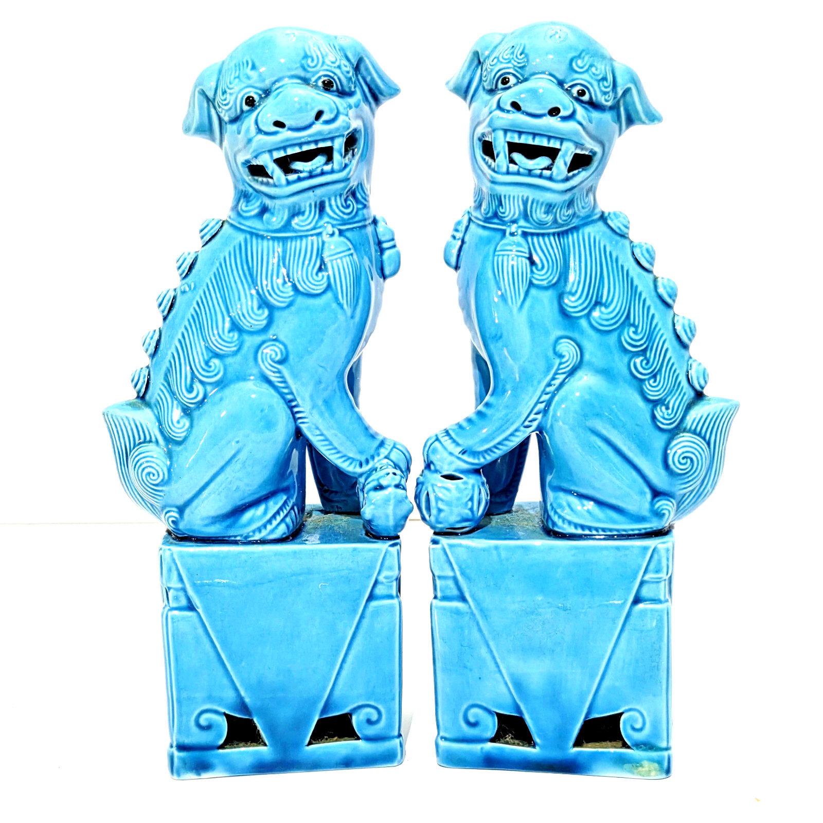 Blue Turquoise Glaze Foo Dogs Pedestal Porcelain Guardian Lion Chinoiserie 7.5in
