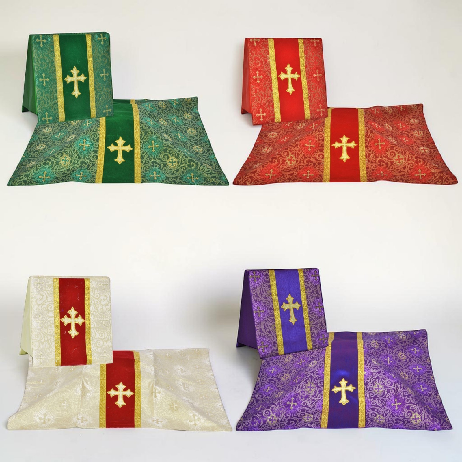 Set of 4 Silk Burse & Chalice Veil Sets – Embroidered Floral & Cross Design