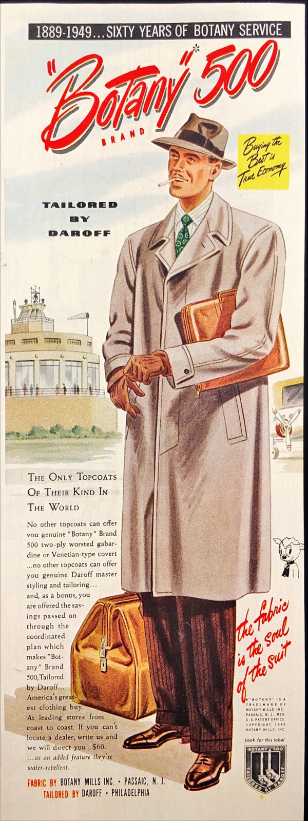 1949 Botany 500 Topcoat Print Ad Traveling Businessman wearing Hat and Smoking