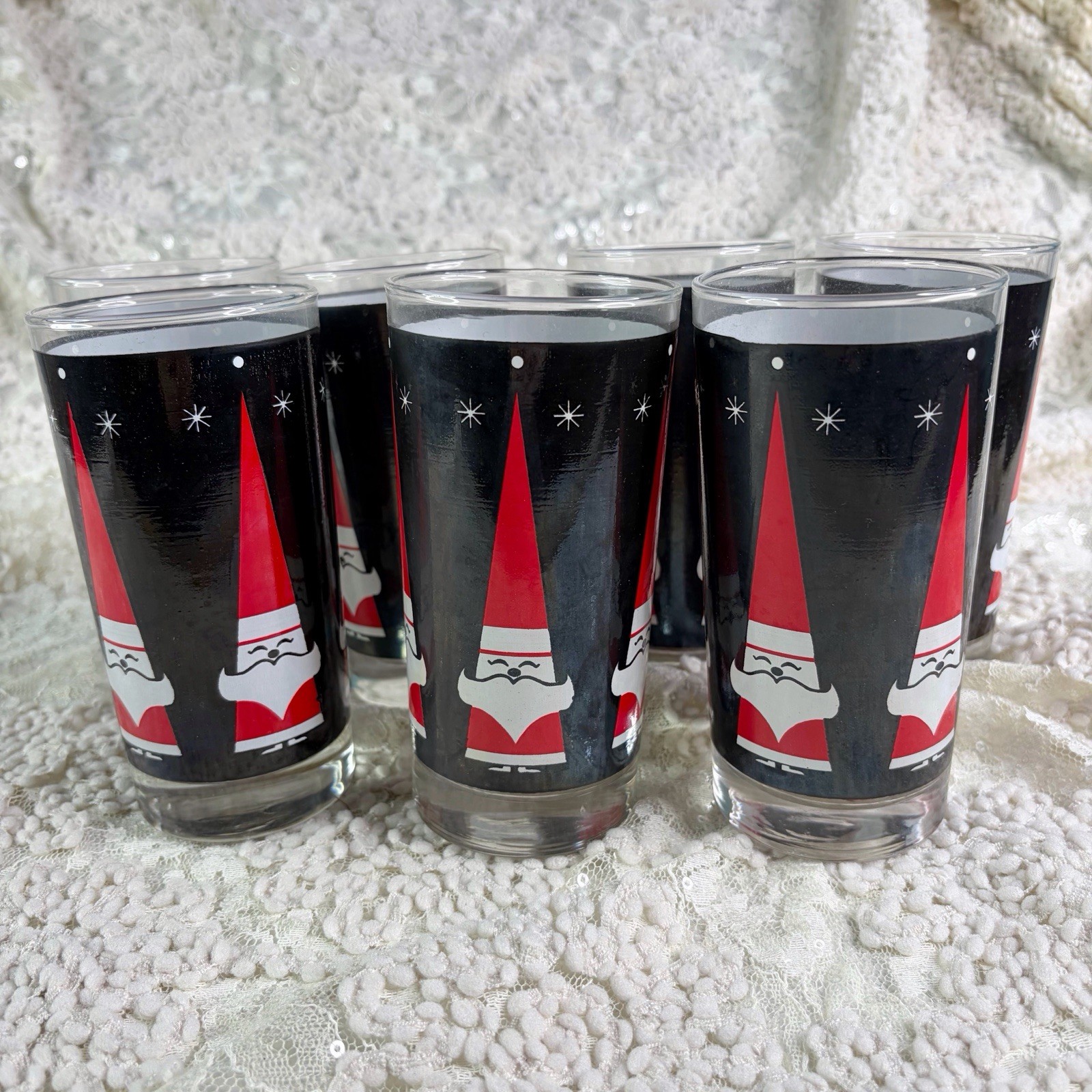 Holt Howard Libby Vintage Mid-Century Santa (7) Glass Set Atomic Starry Night
