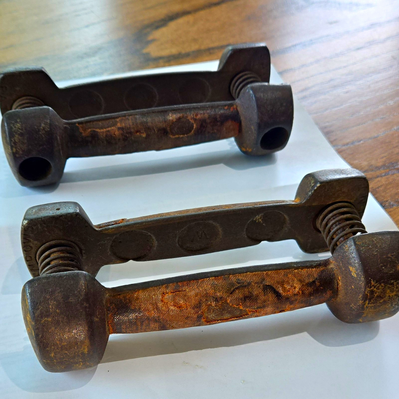 Antique Eugen Sandow Cast Iron Spring-grip Dumbbells, 1898-1910s, 2 Piece Set