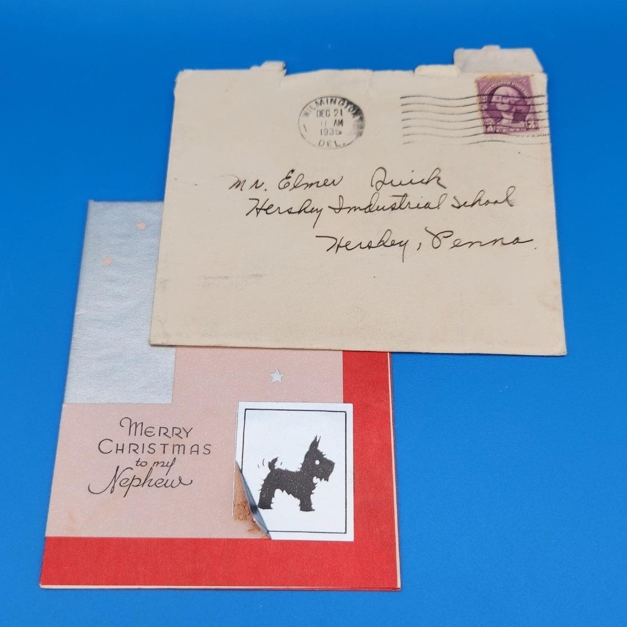 Vintage 1935 Christmas Card, Envelope with Washington 3 cent stamp
