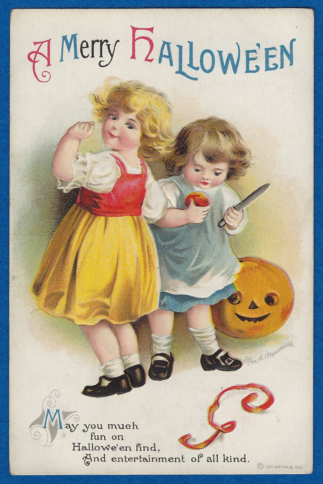Vtg Clapsaddle Halloween 2 Little Girls Apple Peel Knife JOL A/S Emb PC c1915