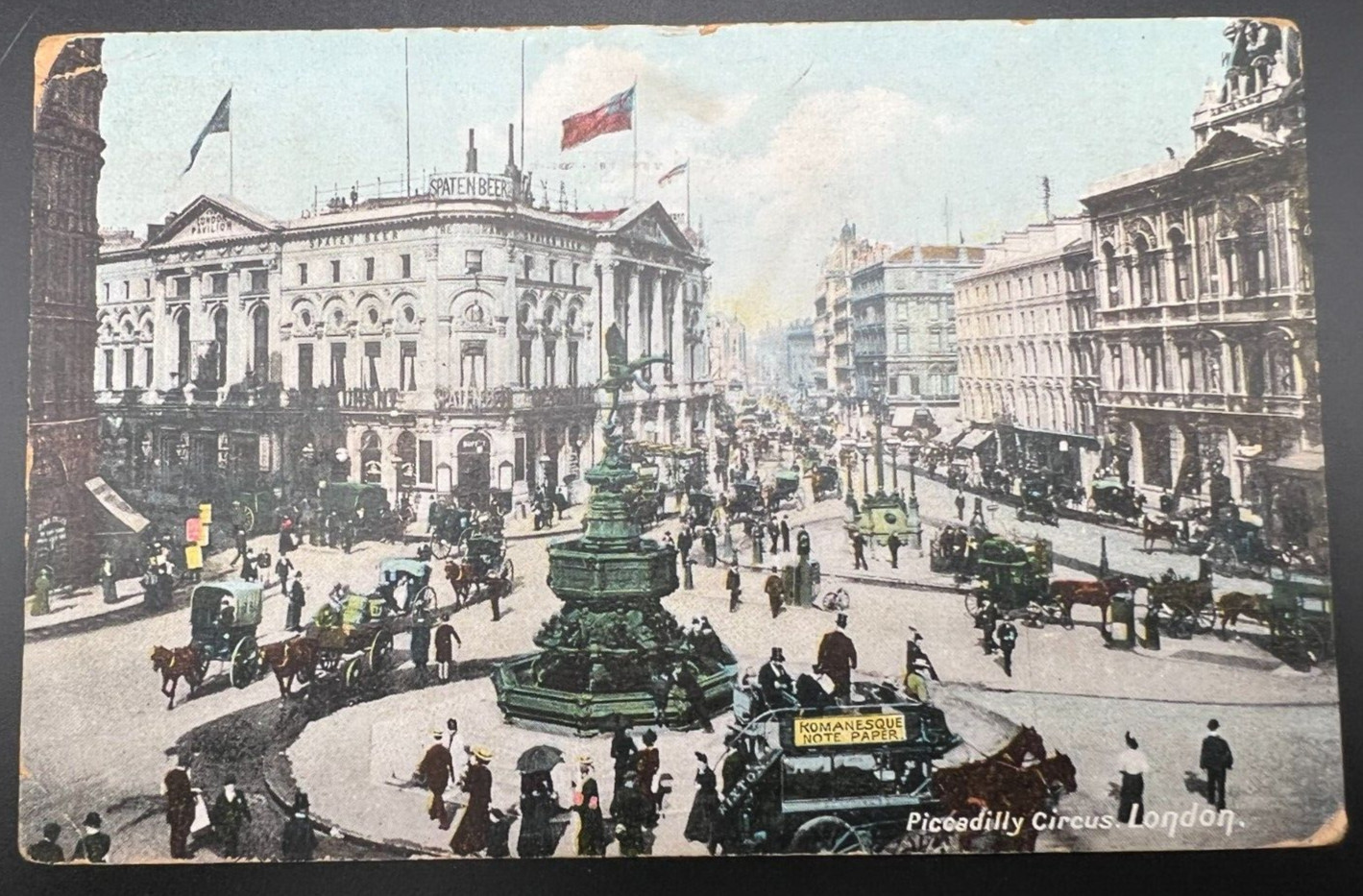 ANTIQUE PICCADILLY CIRCUS LONDON POSTCARD: HORSE DRAWN DOUBLE DECKER CARRIAGE