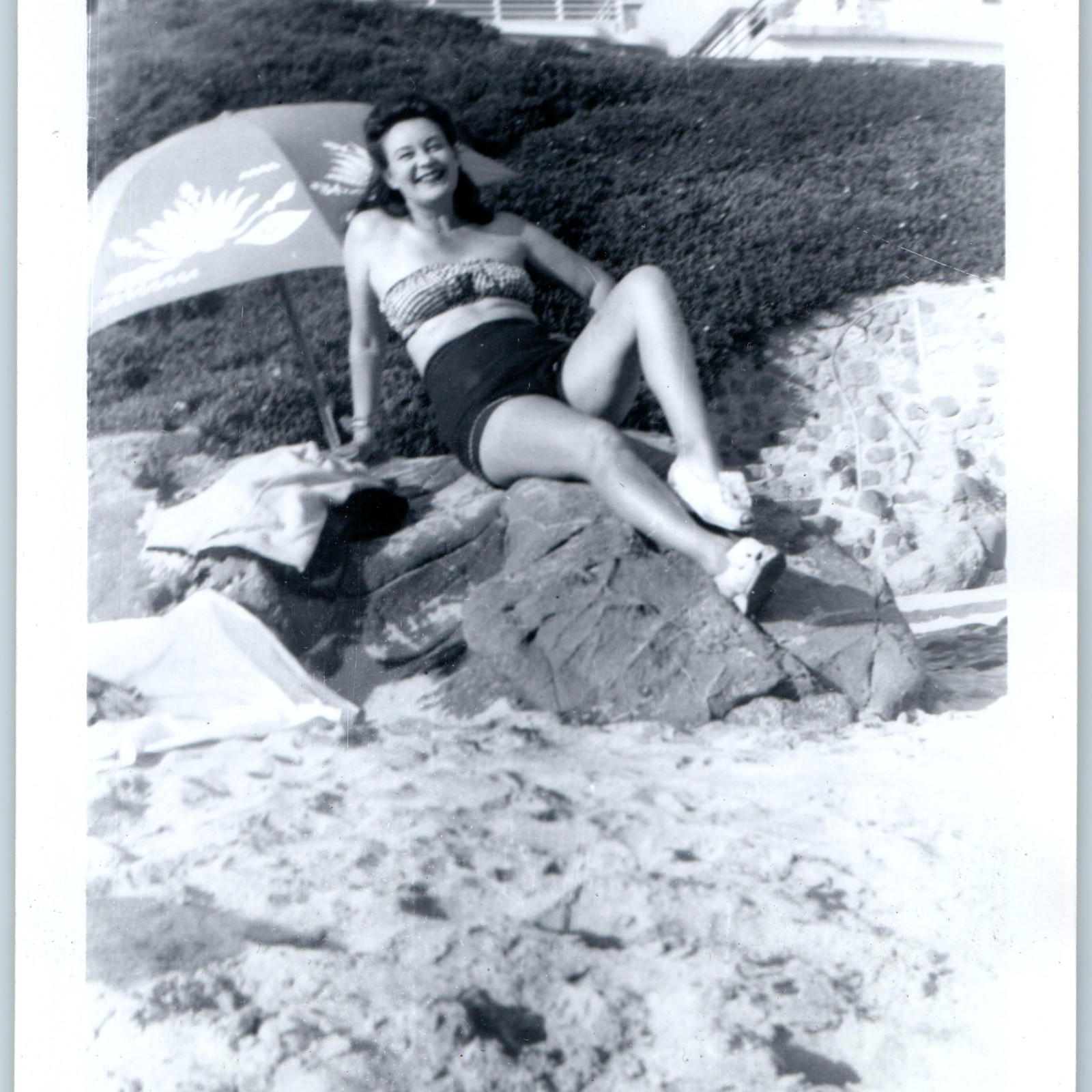 c1940s Cute Smiling Woman Two Piece Swimsuit Beach Umbrella Snapshot Photo Pinup
