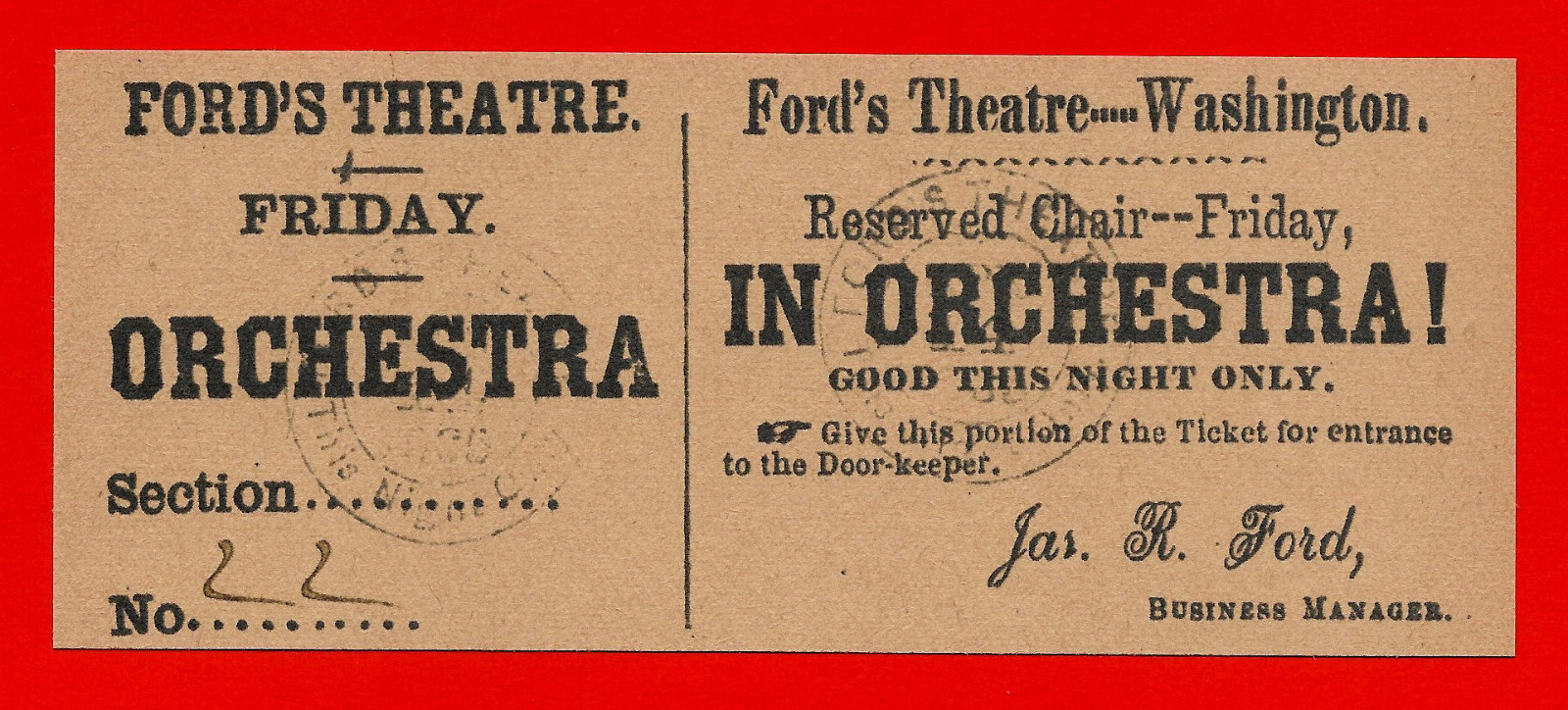 Ford\'s Theatre Lincoln Assassination Ticket Reprint On 100 Year Old Paper *9045