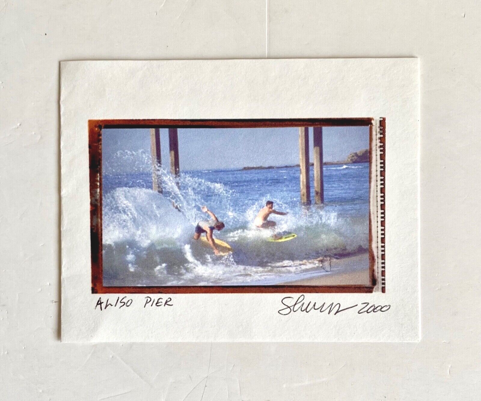 Vintage 2000 Greeting Card Art Print Surfer Skim Boarder Aliso Pier USA NOS