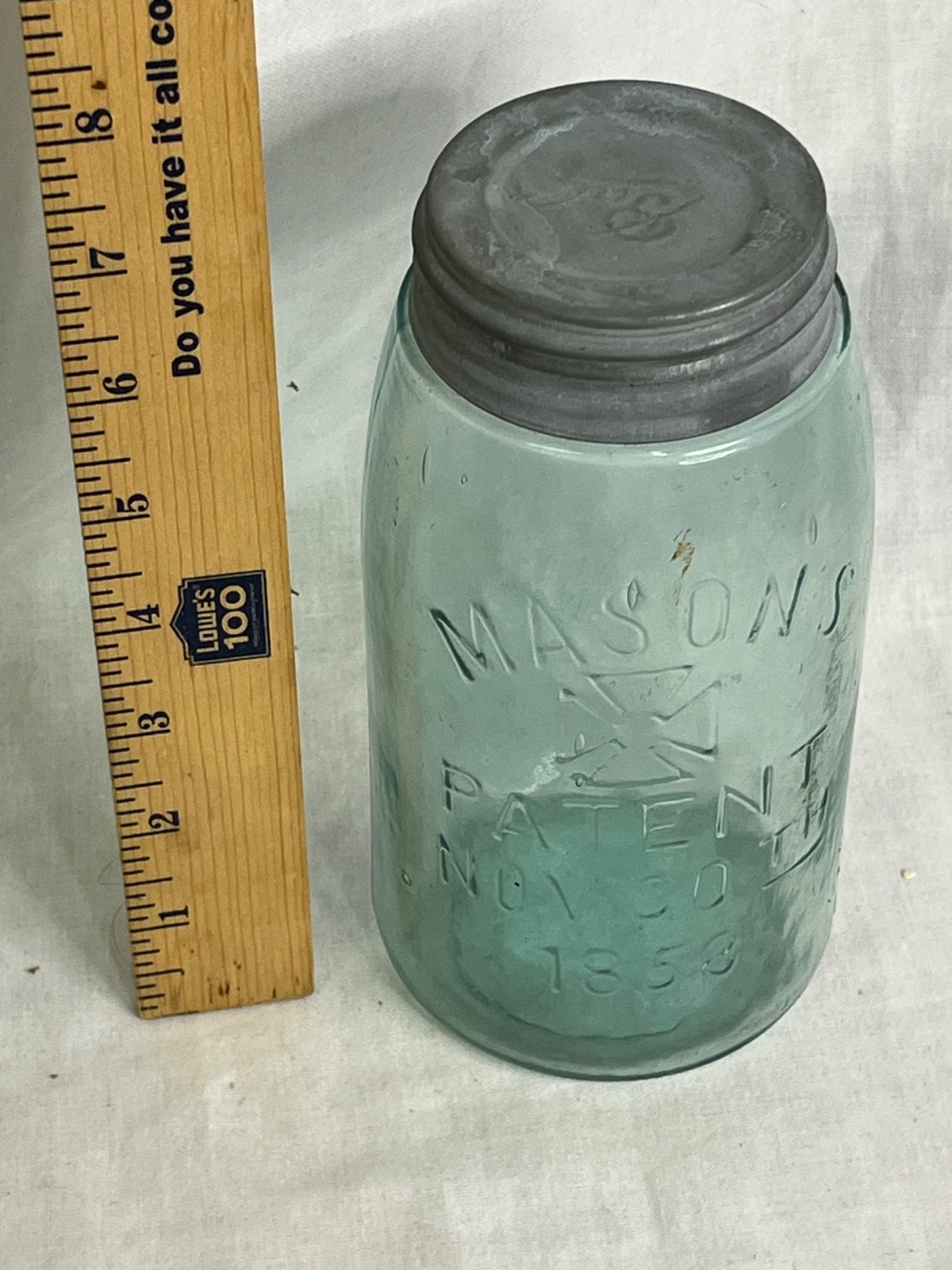 Antique Aqua Mason\'s Patent Nov 30 1858 Quart Jar Maltese Hero Cross Zinc Lid