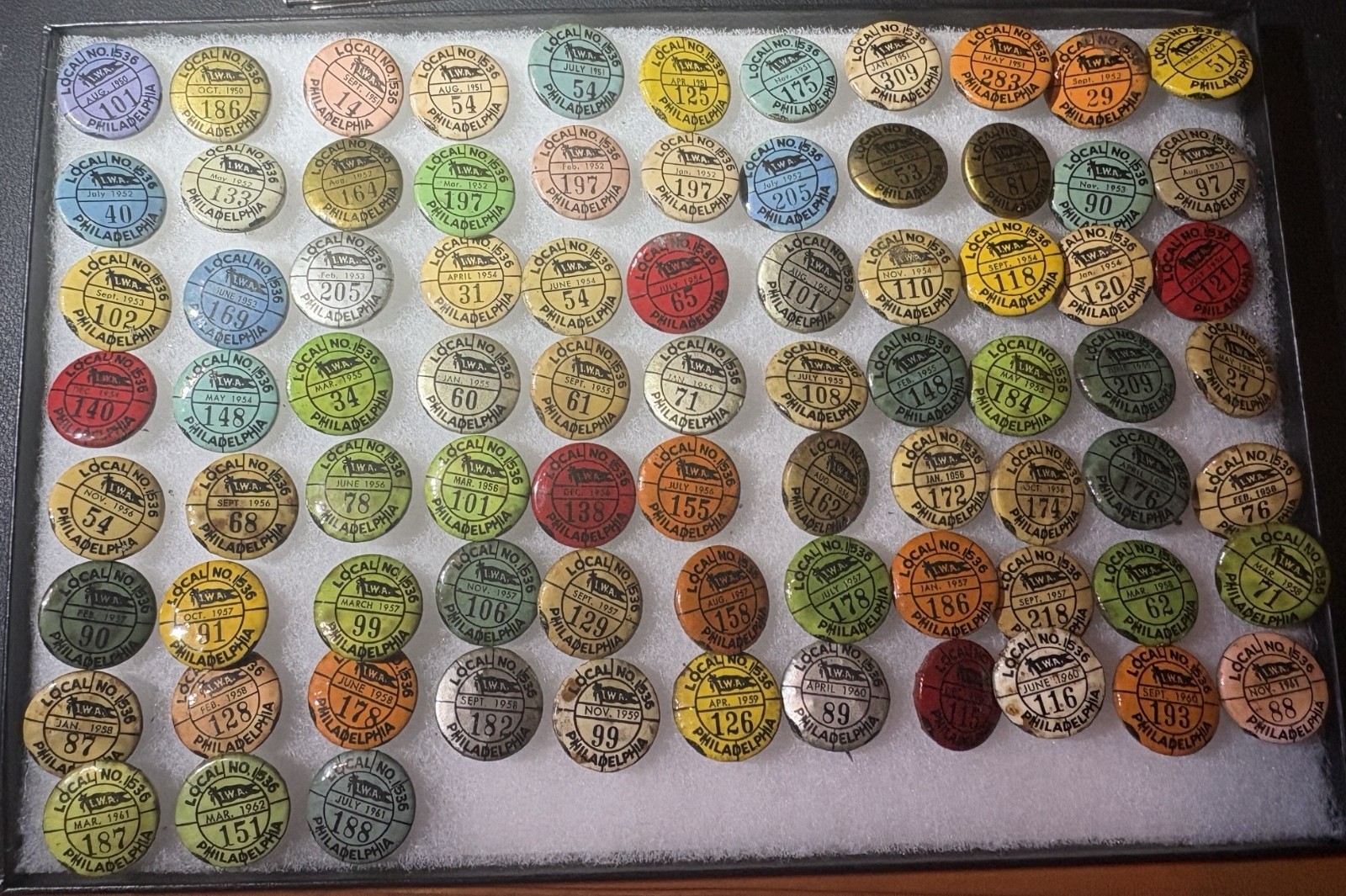 Vintage Union Dues Pinback Button Collection Lot (80 Pcs) 1950-1962 IWA Local 15