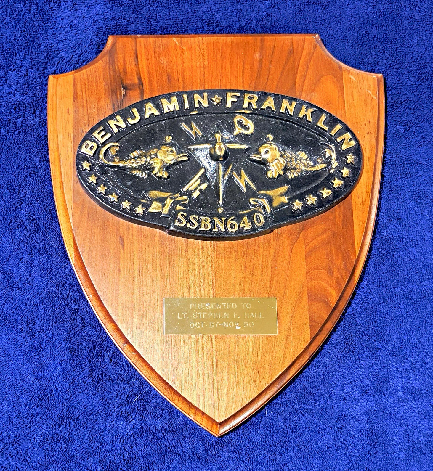 USS Benjamin Franklin SSBN 640 US Navy Wooden Plaque - LT S. Hall USS Benjamin Franklin SSBN 640 US Navy Wooden Plaque - LT S. Hall