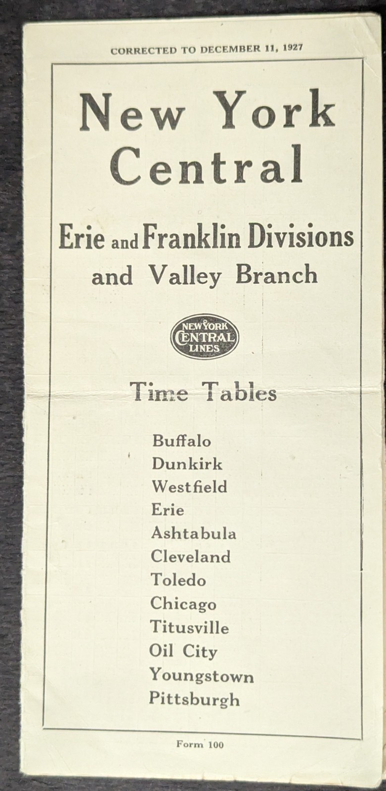 ***EARLY 1927 NEW YORK CENTRAL RAILROAD TIME TABLE***ERIE & FRANKLIN DIVISIONS