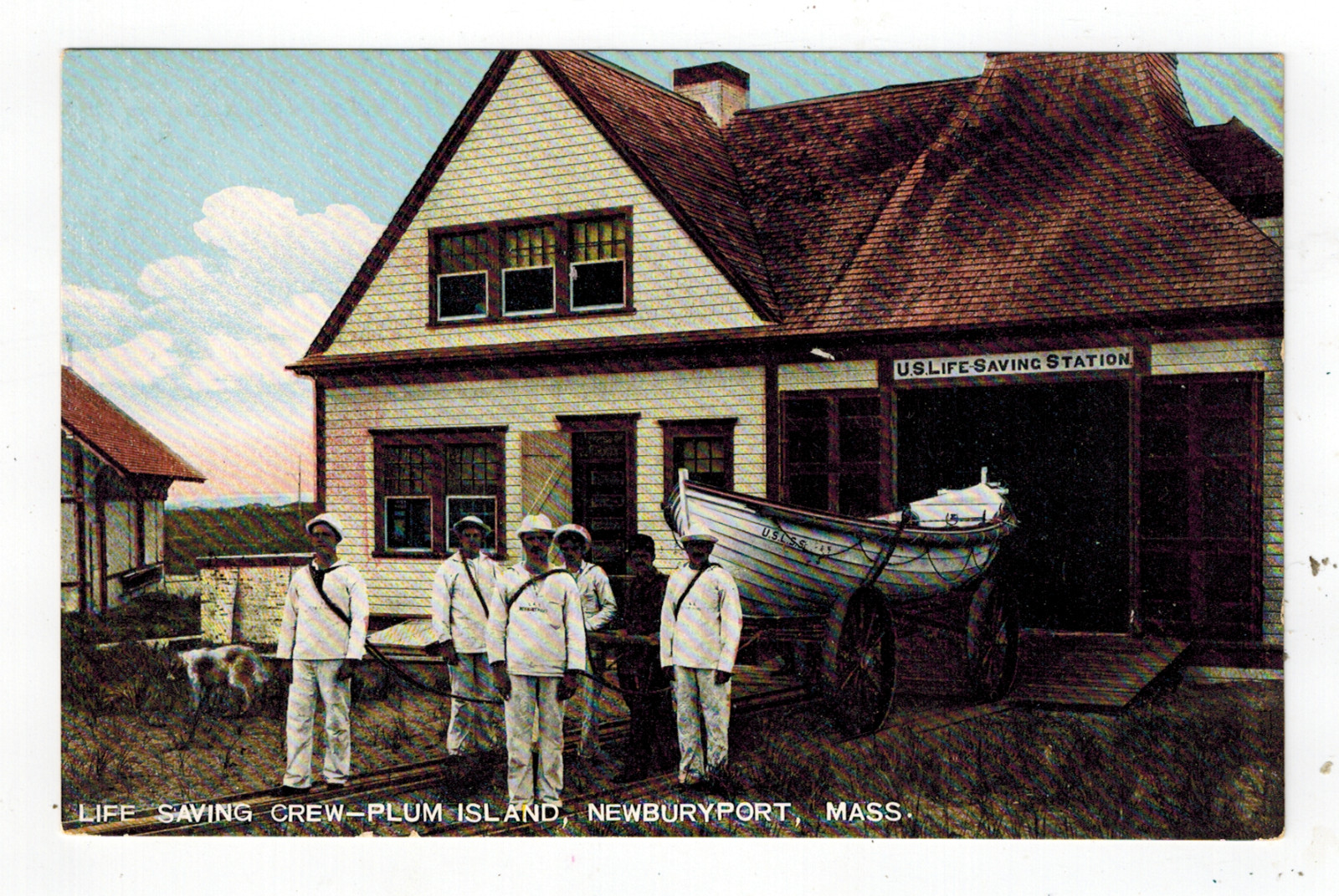 NEWBURYPORT MA ~ LIFE SAVING STATION & CREW ~ PLUM ISLAND Ca 1910 ~ SHARP ~ 129