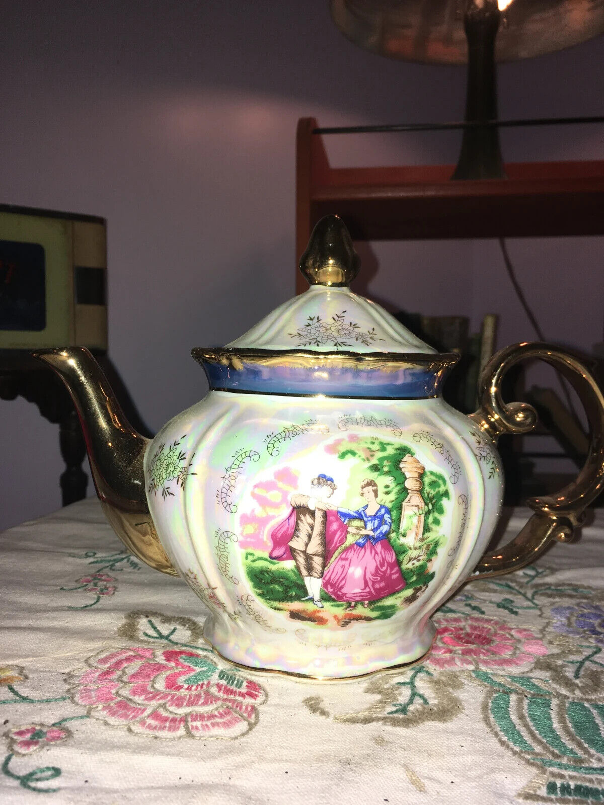 Vintage Fine Porcelain- Colonial Couple-Iridescent- Teapot