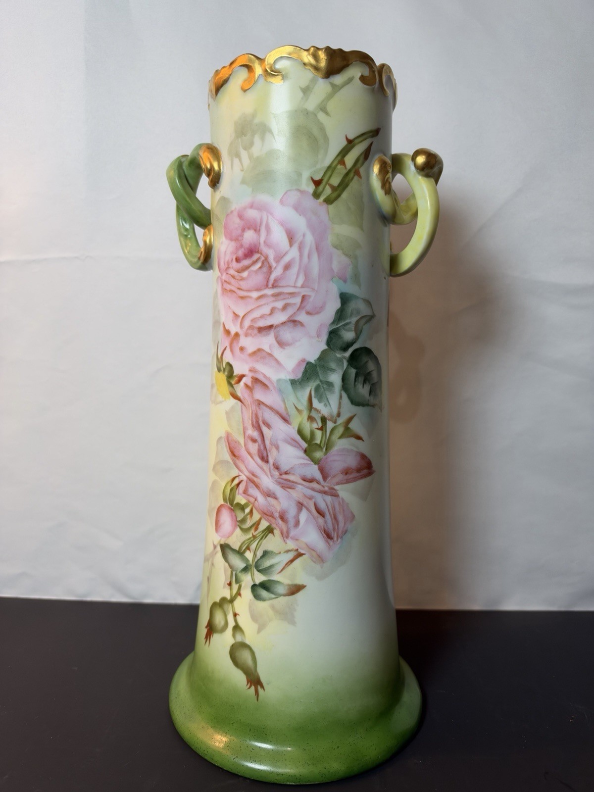 Antique Hand Painted Austrian Double Pretzel Handled Vase with Pink Roses Antique Hand Painted Austrian Double Pretzel Handled Vase with Pink Roses
