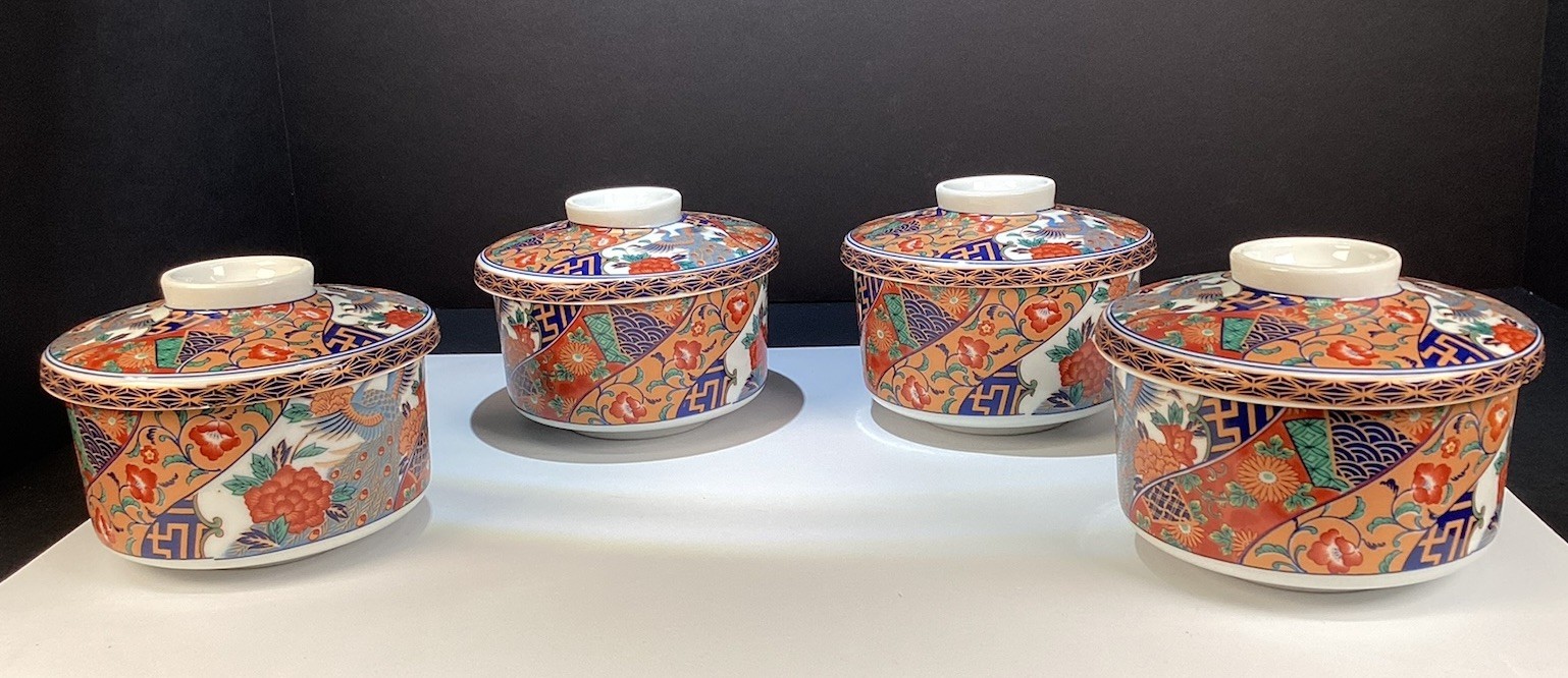 4 VTG JAPANESE ARITA Imari Ware Porcelain Lidded Rice/Soup Bowls w/ Lids