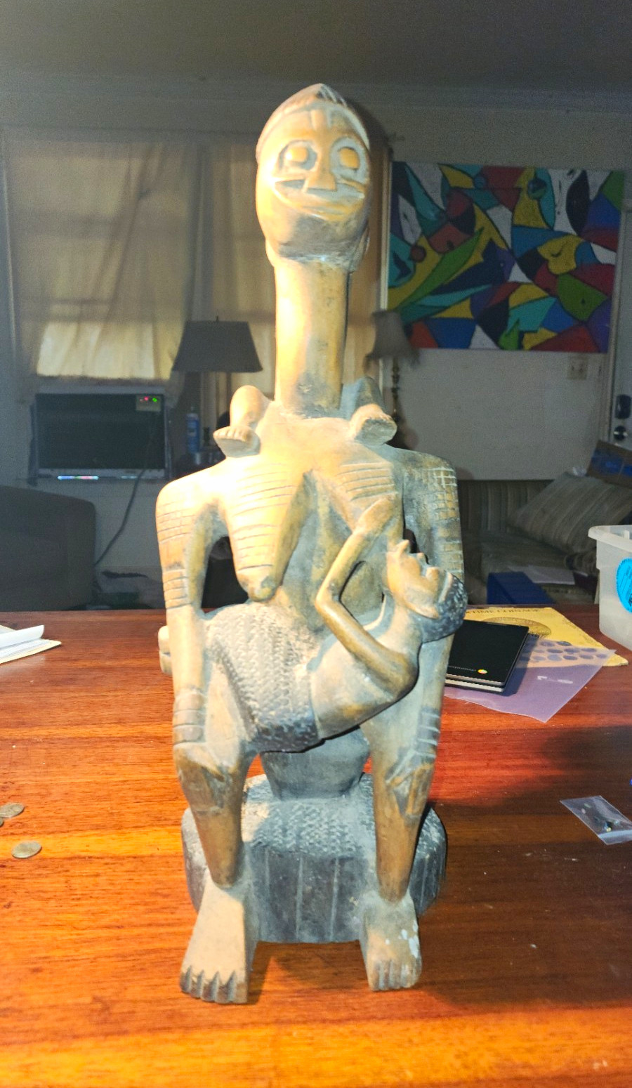 African Hand-Carved Wooden Mother & Child Figurine Handmade 21 In. 7lbs.