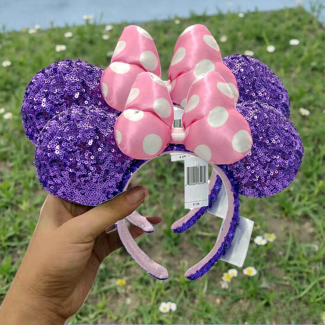 2PCS Purple Sequin Disney Parks Headband Minnie Ears Rare Resort Pink Polka Dot