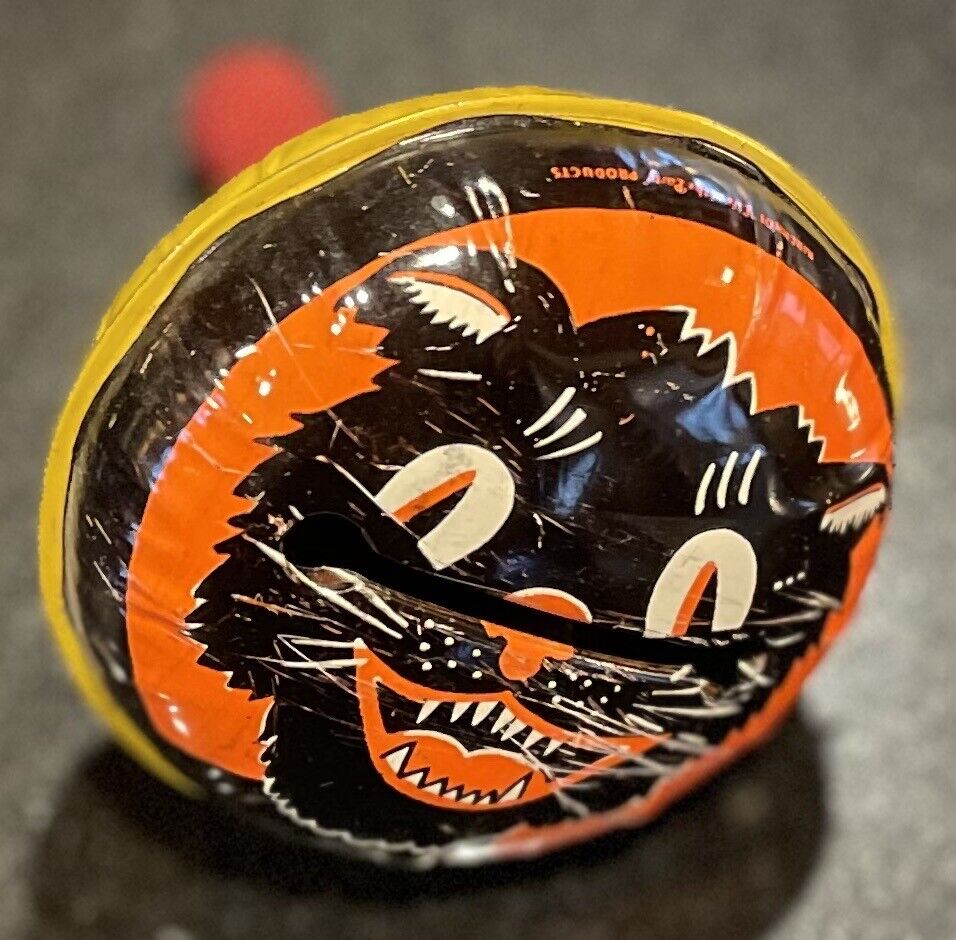 Vintage KIRCHHOF Tin Litho Spooky Black Cat Halloween Noisemaker Wood Handle USA